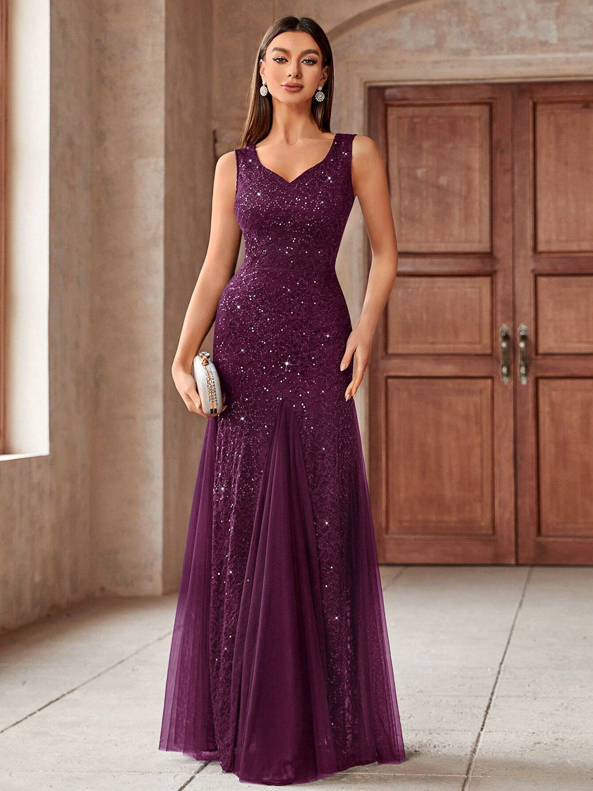 MIUSOL Sweetheart Neck Contrast Sequin Lace Mesh Mermaid Hem Evening Party Fitted Long Dress