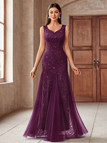 MIUSOL Sweetheart Neck Contrast Sequin Lace Mesh Mermaid Hem Evening Party Fitted Long Dress