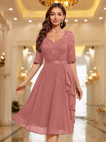 MIUSOL Sweetheart Neck Floral Lace Ruffle Trim Cocktail Party Swing Dress