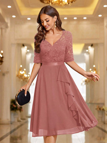 MIUSOL Sweetheart Neck Floral Lace Ruffle Trim Cocktail Party Swing Dress