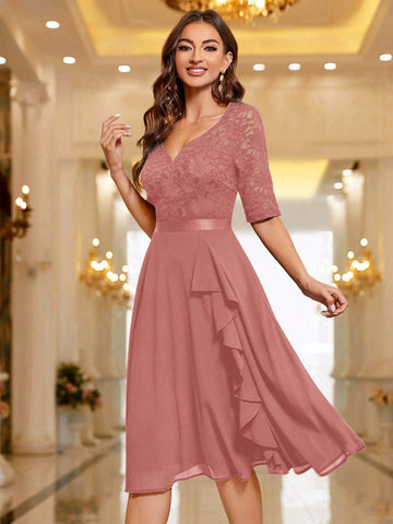 MIUSOL Sweetheart Neck Floral Lace Ruffle Trim Cocktail Party Swing Dress