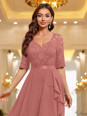 MIUSOL Sweetheart Neck Floral Lace Ruffle Trim Cocktail Party Swing Dress