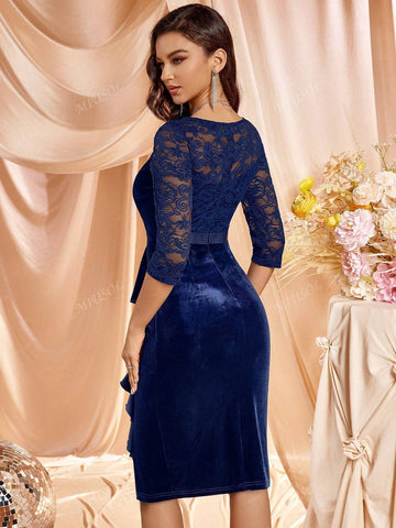 MIUSOL Sweetheart Neck Ruffle Trim Velvet Split Thigh Cocktail Party Fitted Dress
