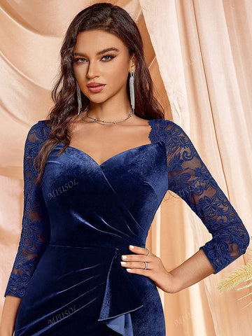MIUSOL Sweetheart Neck Ruffle Trim Velvet Split Thigh Cocktail Party Fitted Dress