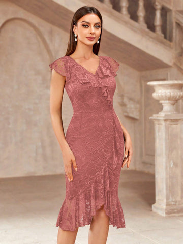 MIUSOL V-Neck Full Lace Ruffle Mermaid Hem Cocktail Party Dress