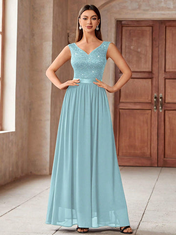 MIUSOL V-Neck Sequin Insert Floral Lace Chiffon Maxi Formal Dress