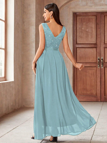 MIUSOL V-Neck Sequin Insert Floral Lace Chiffon Maxi Formal Dress