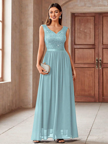 MIUSOL V-Neck Sequin Insert Floral Lace Chiffon Maxi Formal Dress