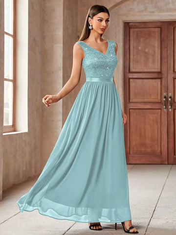 MIUSOL V-Neck Sequin Insert Floral Lace Chiffon Maxi Formal Dress