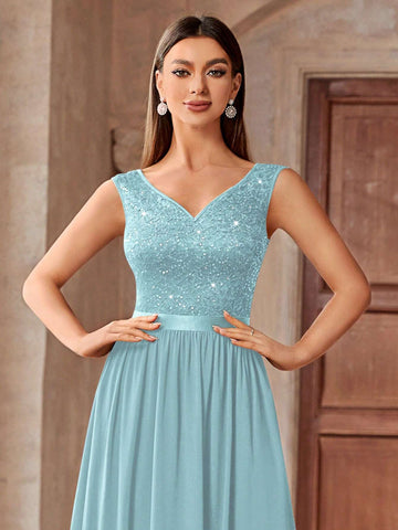 MIUSOL V-Neck Sequin Insert Floral Lace Chiffon Maxi Formal Dress