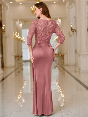 MIUSOL V Neck Contrast Lace Ruffle Satin Evening Party Maxi Formal Dress