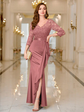 MIUSOL V Neck Contrast Lace Ruffle Satin Evening Party Maxi Formal Dress