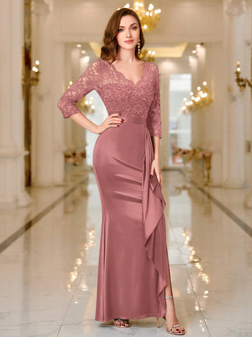 MIUSOL V Neck Contrast Lace Ruffle Satin Evening Party Maxi Formal Dress