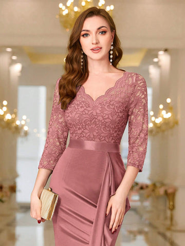 MIUSOL V Neck Contrast Lace Ruffle Satin Evening Party Maxi Formal Dress