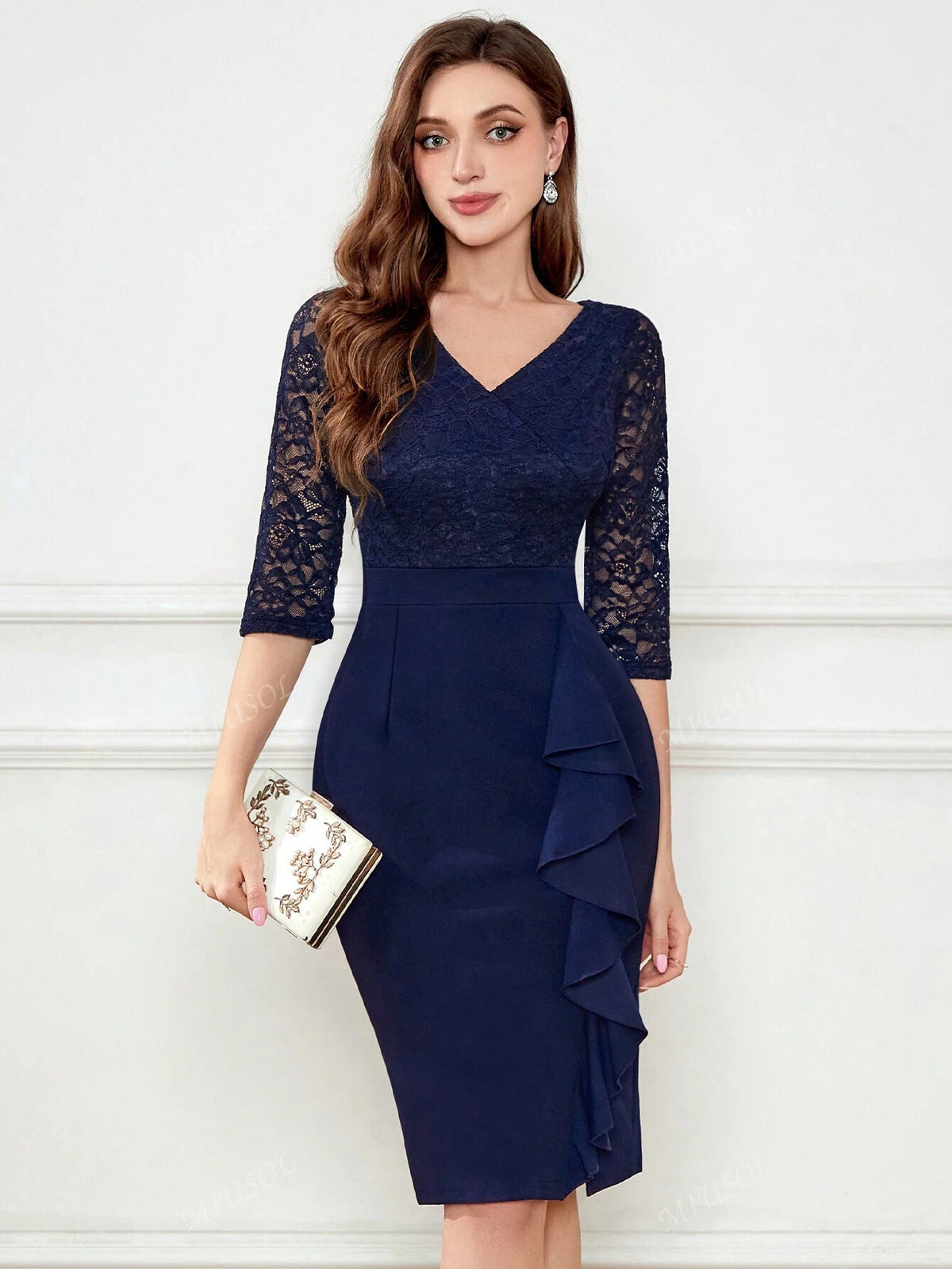 MIUSOL V Neck Floral Lace Ruffle Trim Cocktail Party Bodycon Dress