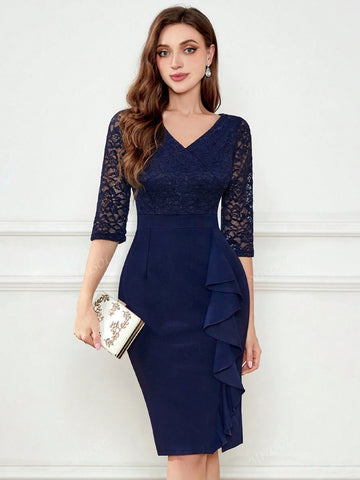 MIUSOL V Neck Floral Lace Ruffle Trim Cocktail Party Bodycon Dress