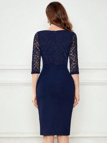MIUSOL V Neck Floral Lace Ruffle Trim Cocktail Party Bodycon Dress