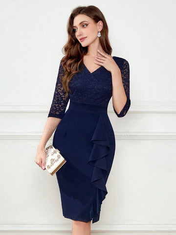 MIUSOL V Neck Floral Lace Ruffle Trim Cocktail Party Bodycon Dress