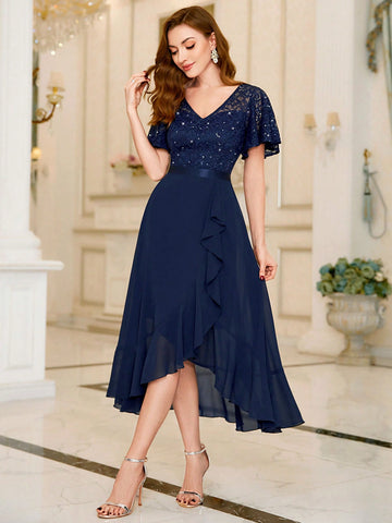 MIUSOL V Neck Floral Lace Sequin Insert Ruffle Hem Cocktail Party Dress