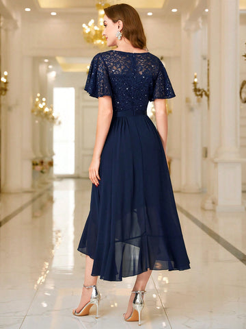 MIUSOL V Neck Floral Lace Sequin Insert Ruffle Hem Cocktail Party Dress