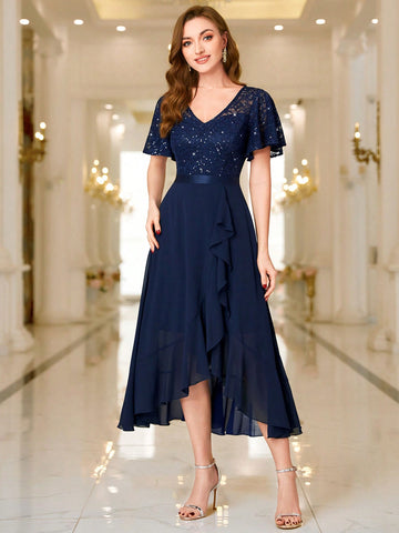 MIUSOL V Neck Floral Lace Sequin Insert Ruffle Hem Cocktail Party Dress