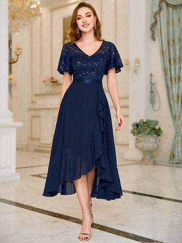 MIUSOL V Neck Floral Lace Sequin Insert Ruffle Hem Cocktail Party Dress