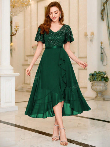 MIUSOL V Neck Floral Lace Sequin Insert Ruffle Hem Evening Party Long Dress