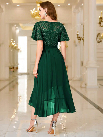 MIUSOL V Neck Floral Lace Sequin Insert Ruffle Hem Evening Party Long Dress