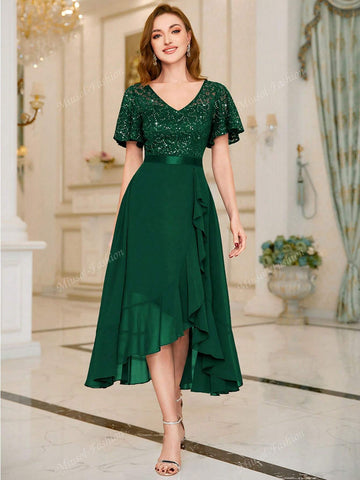 MIUSOL V Neck Floral Lace Sequin Insert Ruffle Hem Evening Party Long Dress