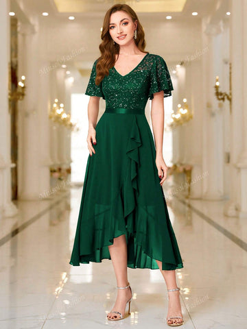 MIUSOL V Neck Floral Lace Sequin Insert Ruffle Hem Evening Party Long Dress