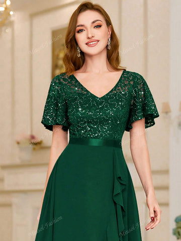 MIUSOL V Neck Floral Lace Sequin Insert Ruffle Hem Evening Party Long Dress