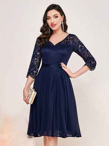 MIUSOL V Neck Floral Lace Waist Ruffle Trim Prom Party Swing Dress