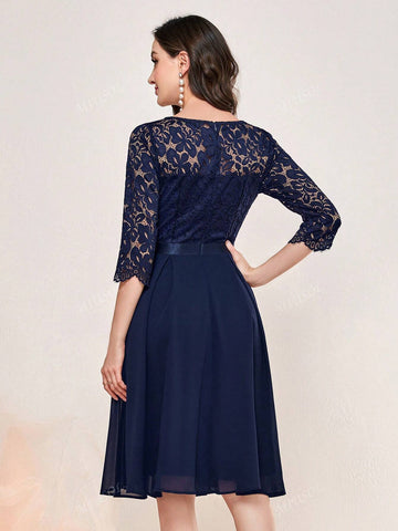 MIUSOL V Neck Floral Lace Waist Ruffle Trim Prom Party Swing Dress