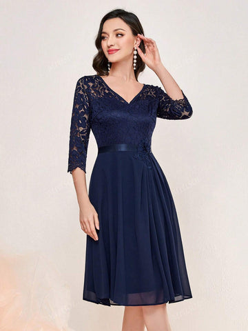 MIUSOL V Neck Floral Lace Waist Ruffle Trim Prom Party Swing Dress