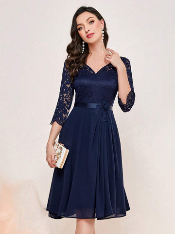 MIUSOL V Neck Floral Lace Waist Ruffle Trim Prom Party Swing Dress