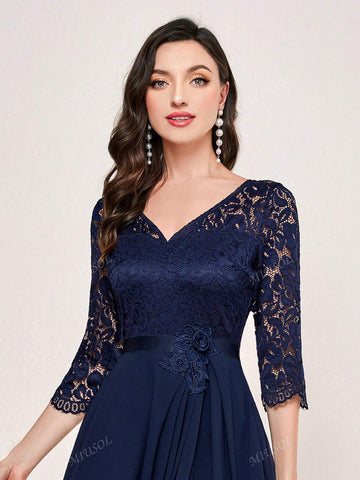 MIUSOL V Neck Floral Lace Waist Ruffle Trim Prom Party Swing Dress