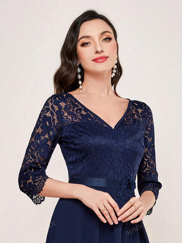 MIUSOL V Neck Floral Lace Waist Ruffle Trim Prom Party Swing Dress