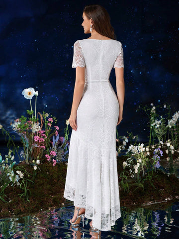 MIUSOL V Neck Full Floral Lace Mermaid Hem Formal Party Dress