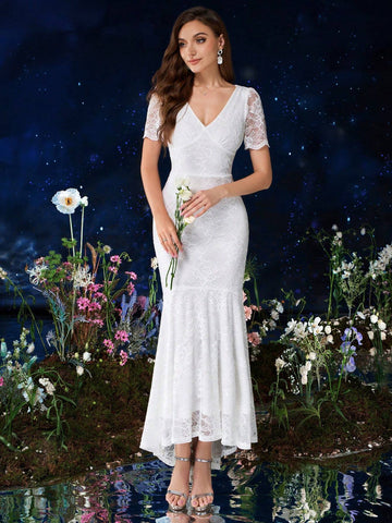 MIUSOL V Neck Full Floral Lace Mermaid Hem Formal Party Dress