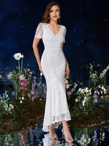 MIUSOL V Neck Full Floral Lace Mermaid Hem Formal Party Dress