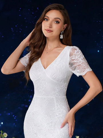 MIUSOL V Neck Full Floral Lace Mermaid Hem Formal Party Dress