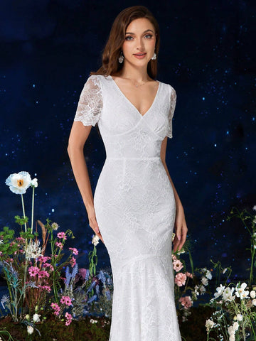 MIUSOL V Neck Full Floral Lace Mermaid Hem Formal Party Dress