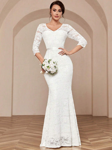 MIUSOL V Neck Full Lace Mermaid Hem Evening Party Formal Maxi Dress