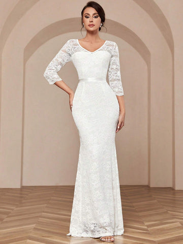 MIUSOL V Neck Full Lace Mermaid Hem Evening Party Formal Maxi Dress