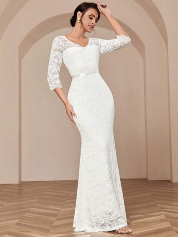 MIUSOL V Neck Full Lace Mermaid Hem Evening Party Formal Maxi Dress