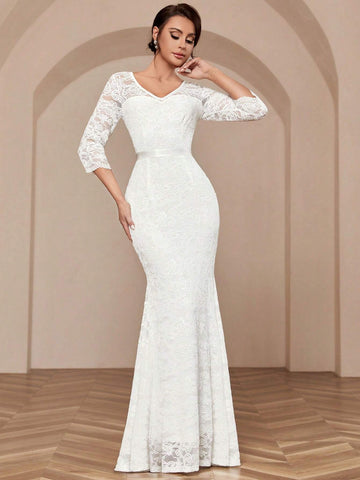 MIUSOL V Neck Full Lace Mermaid Hem Evening Party Formal Maxi Dress