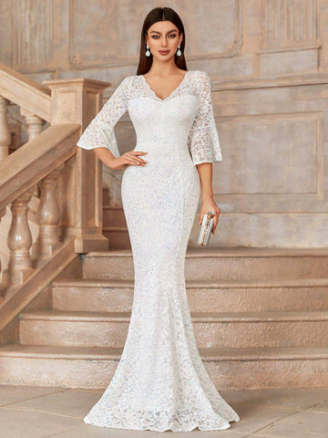 MIUSOL V Neck Lace Sequin Insert Flare Sleeve Mermaid Hem Evening Party Formal Maxi Dress