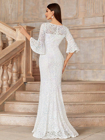 MIUSOL V Neck Lace Sequin Insert Flare Sleeve Mermaid Hem Evening Party Formal Maxi Dress