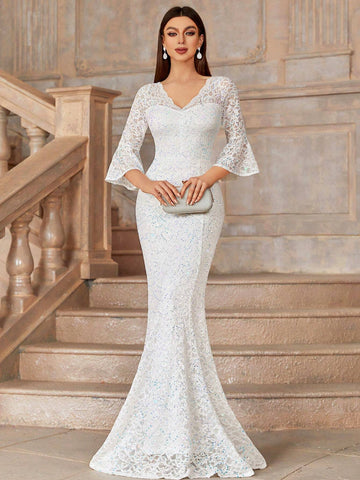 MIUSOL V Neck Lace Sequin Insert Flare Sleeve Mermaid Hem Evening Party Formal Maxi Dress