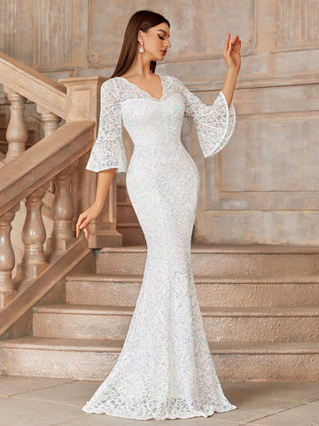 MIUSOL V Neck Lace Sequin Insert Flare Sleeve Mermaid Hem Evening Party Formal Maxi Dress